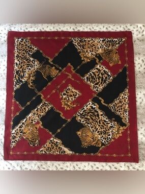 Leopard & Chains Scarf - Burgundy Red Tans Black White - Made in Italy
